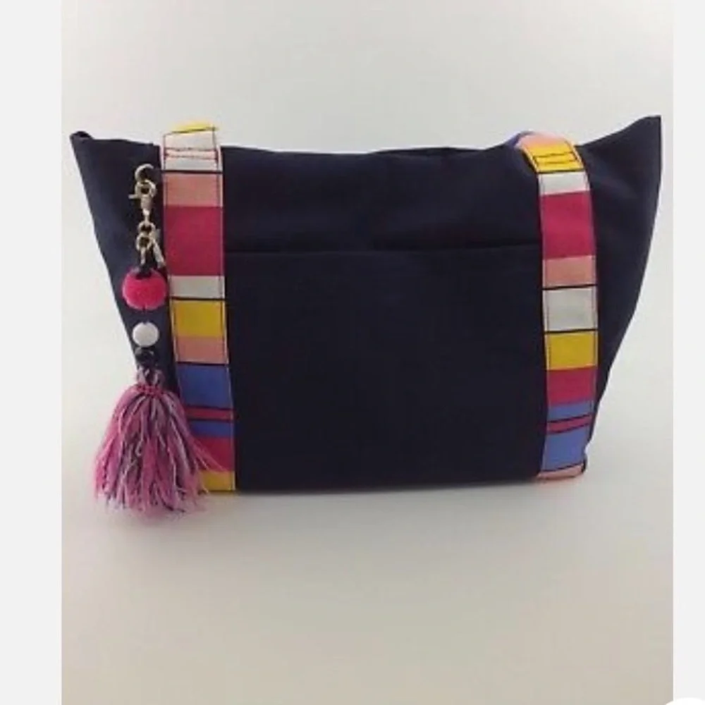 Tommy Hilfiger Adelina XL navy blue canvas tote multicolor stripe tassel NWOT